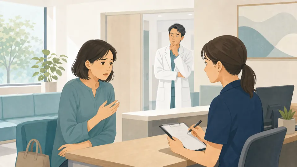 患者からの申告を聞き取る職員と、不安そうに見守る医師