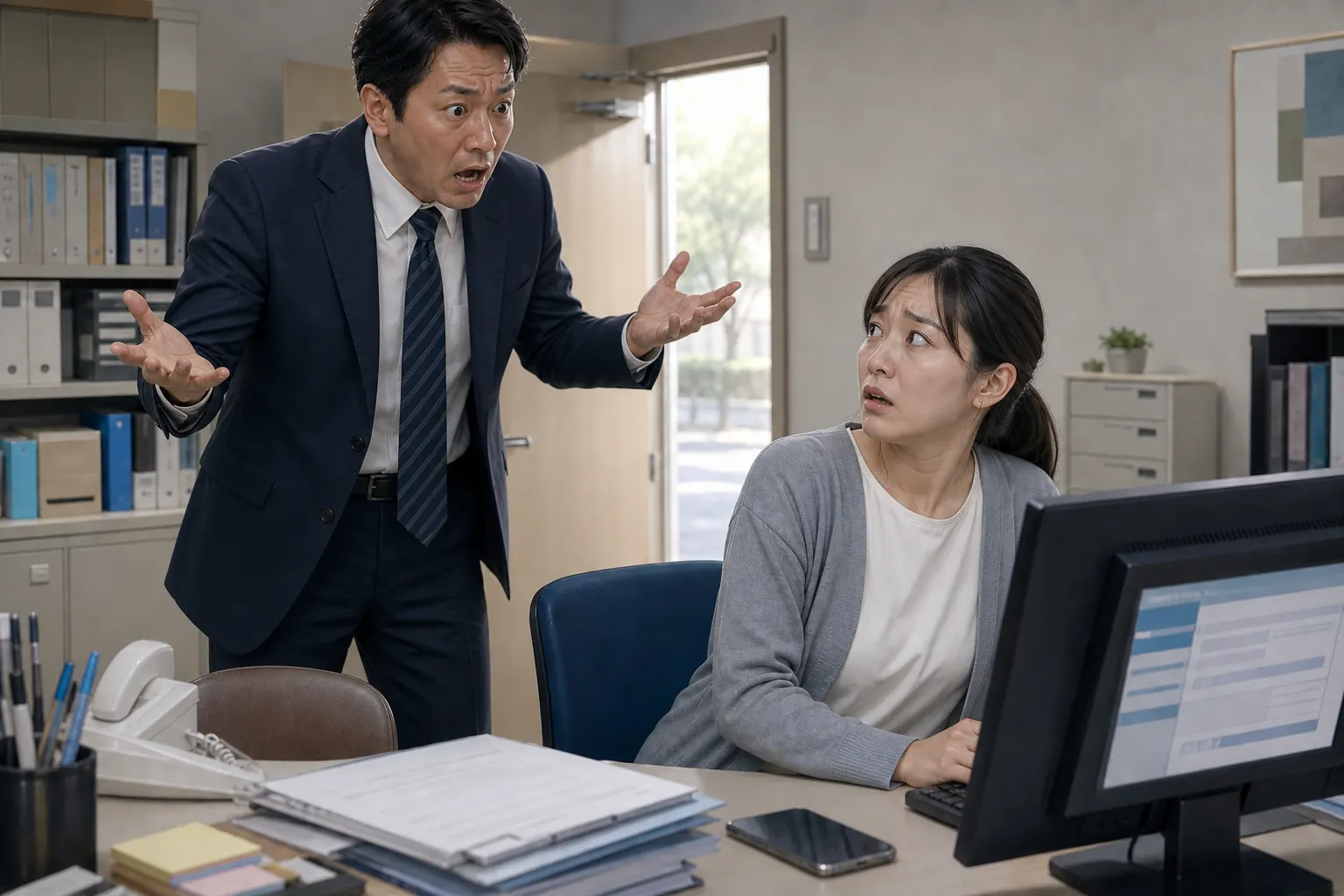 ニセ社長の指示による振込を知り、両手を上げて動揺する社長と、不安そうに振り返る事務員