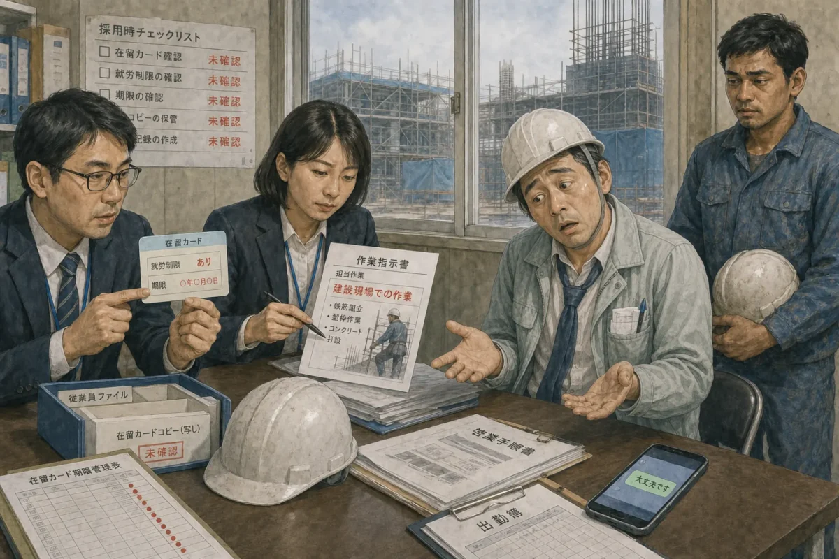 在留カードの確認漏れを指摘されても状況を理解できず、困惑する建設会社の責任者
