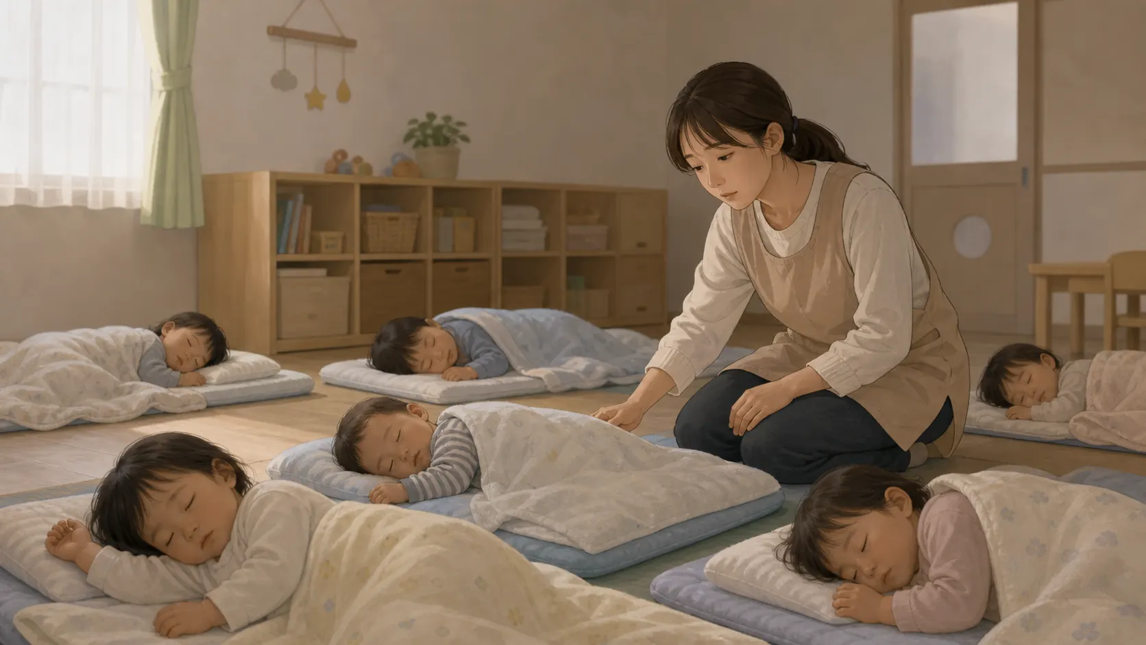 薄暗い午睡室で、眠る園児たちの様子を確認する保育士