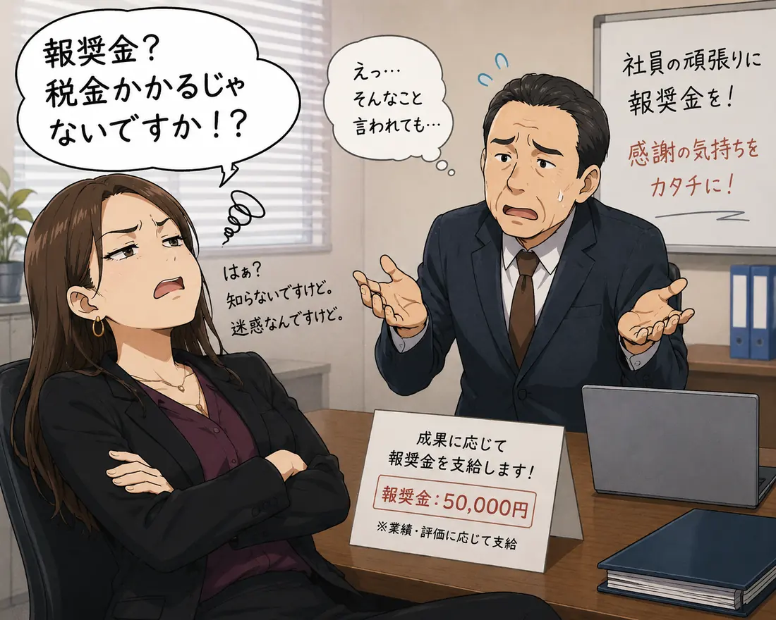 報奨金5万円に税金がかかるのかと迷惑そうに問いかける女性社員と、困った表情の社長