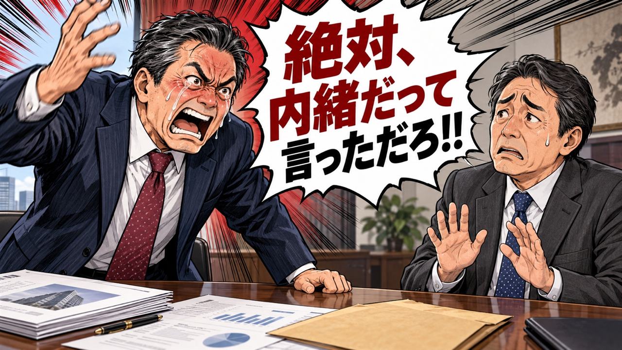 会社売却の話が漏れ、「絶対、内緒だって言っただろ!!」と憤る社長と困惑する幹部