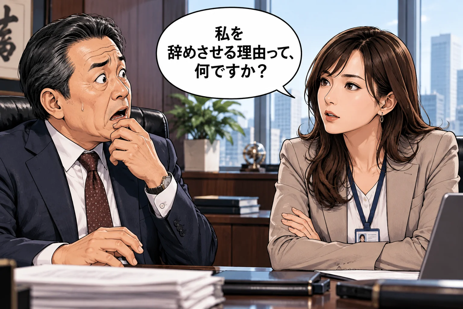 「私を辞めさせる理由って、何ですか？」と冷静に尋ねる女性社員と、困惑する社長