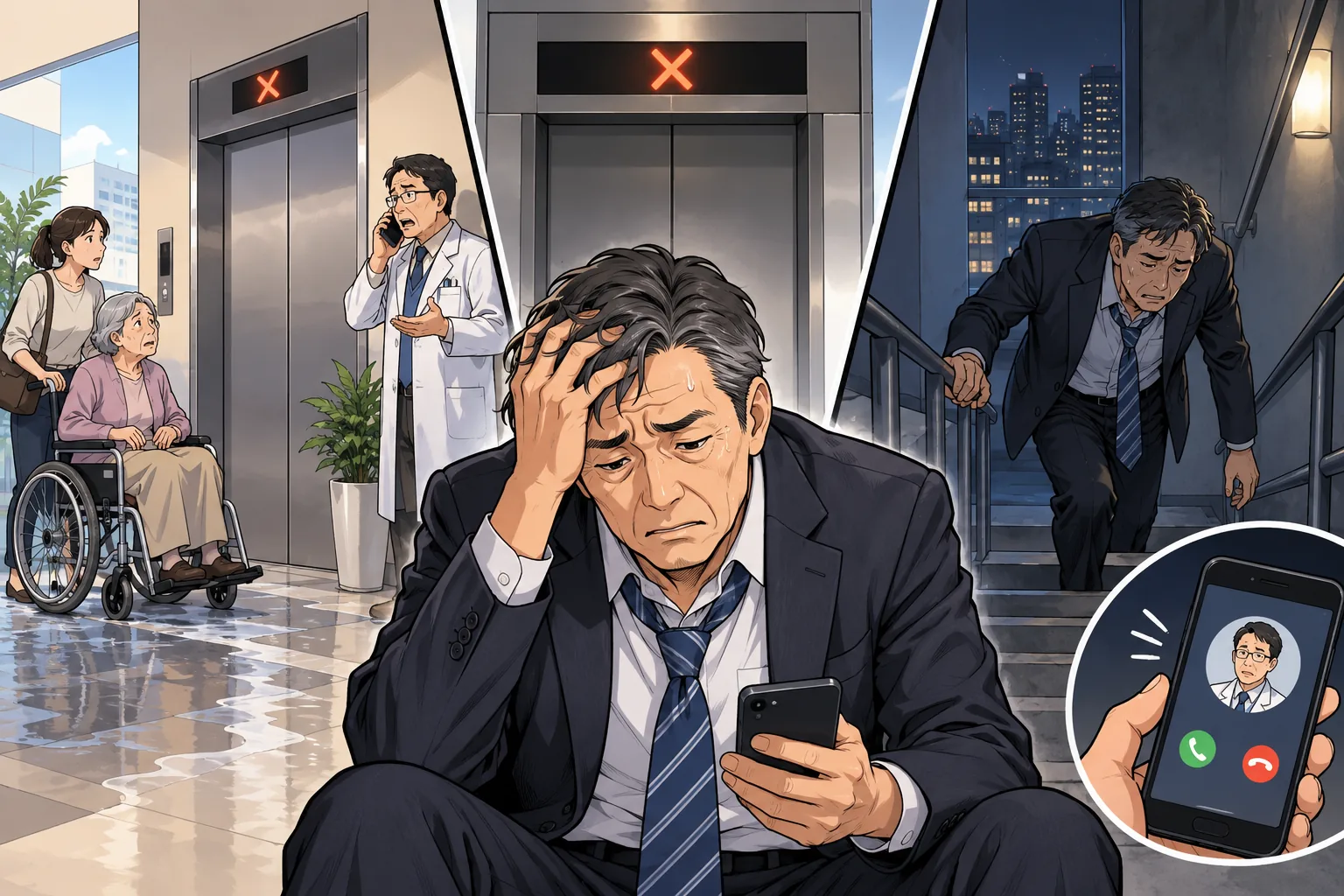 浸水で停止したエレベーターと、困る患者・院長、階段を上って疲れ切るビルオーナー