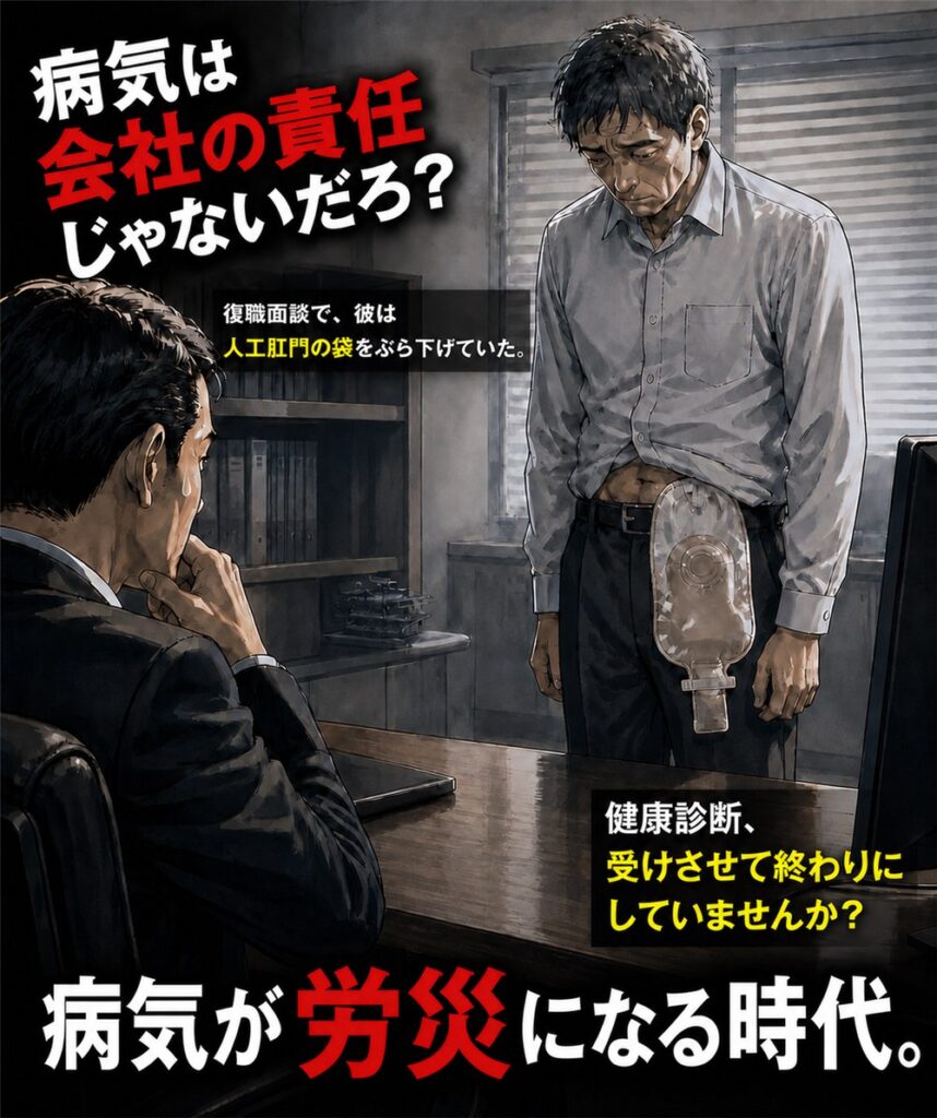 復職面談で人工肛門の袋を下げた従業員を前に、冷や汗を流す社長