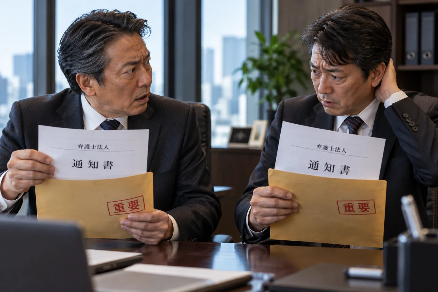 面接官と会社の双方に届いた通知書を手に、面接官を驚いて見つめる社長