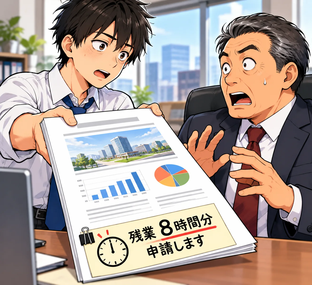 企画案と残業8時間分の申請書を示す社員に驚く社長