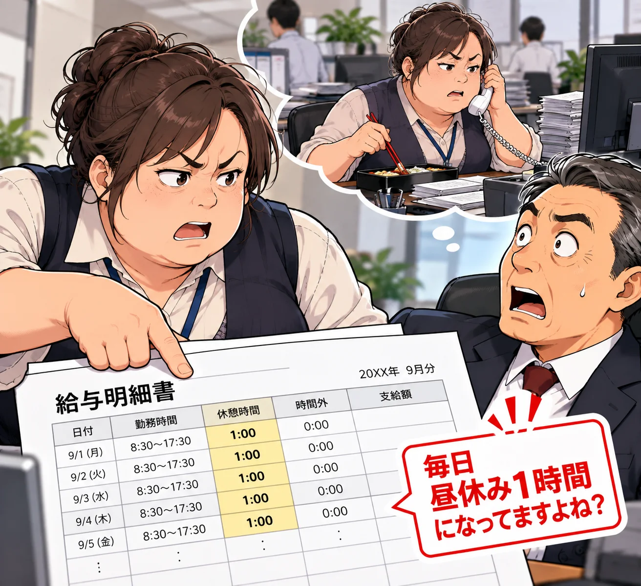 給与明細の休憩1時間を指さして問いかける事務員