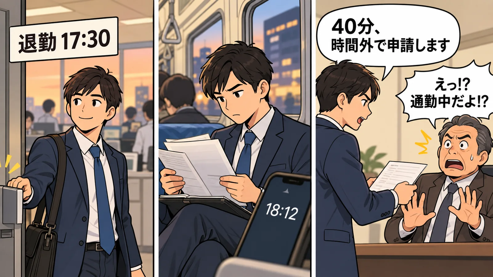 帰りの電車で資料を確認した社員と驚く社長