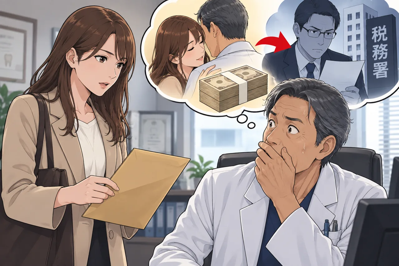 昔の女性から200万円について税務署に聞かれていると告げられ、驚く年配の院長