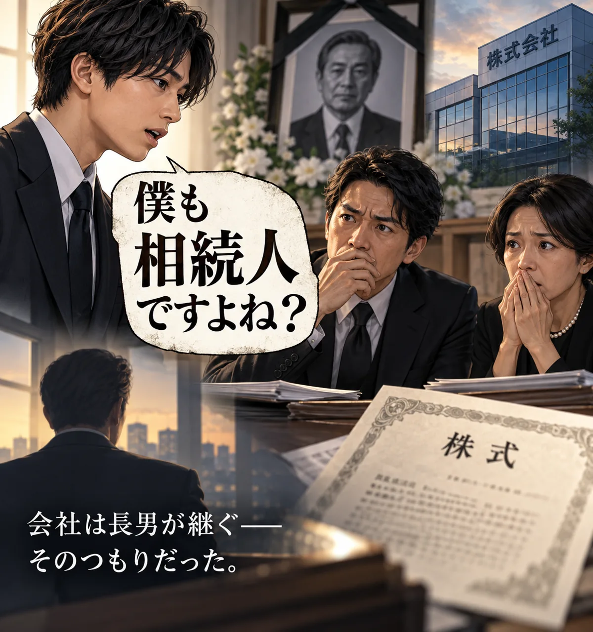 社長の死後、「僕も相続人ですよね？」と告げる青年と、驚く遺族。背景に社長の遺影、会社、株式。