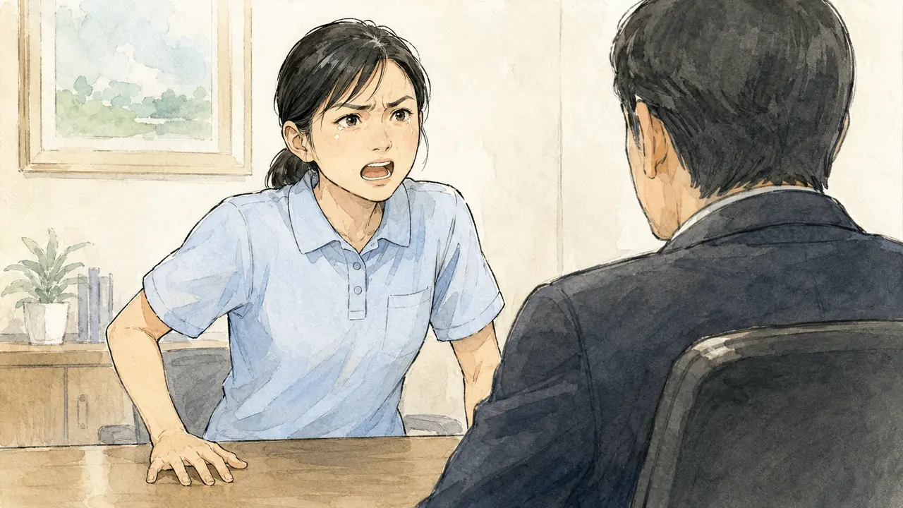 情報流出の被害者なのに退職を求められ、施設長へ怒りを訴える介護職員のイラスト
