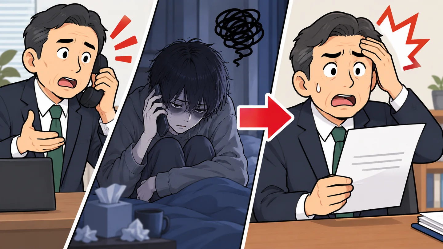 電話で出社を求める社長、体調が悪く自宅でうずくまる若い男性社員、代理人の通知書を見て驚く社長の3分割イラスト