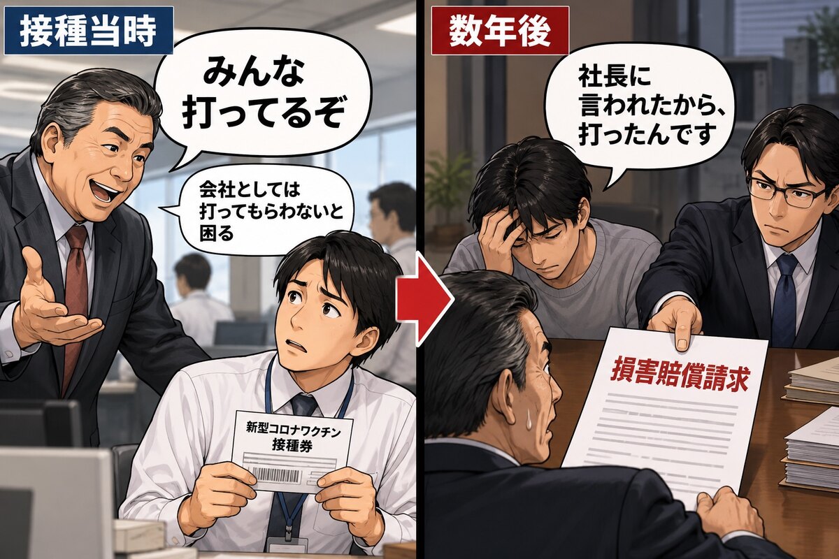 接種当時の会社からの圧力と、数年後の損害賠償請求を描いたイラスト
