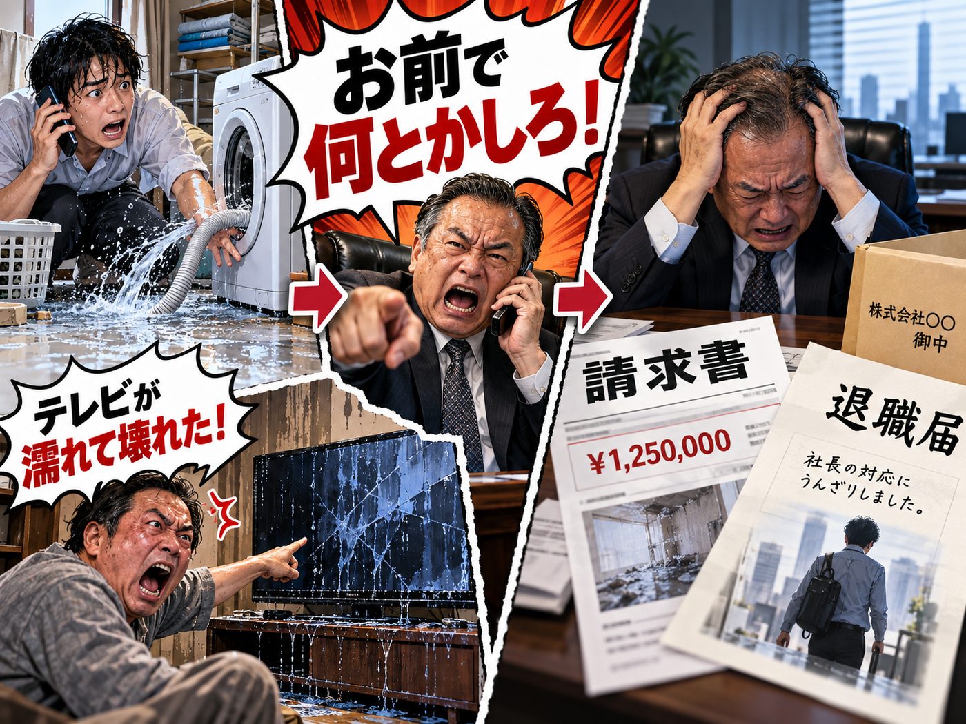 社宅の水漏れ事故で、請求書と退職届が会社へ届く場面
