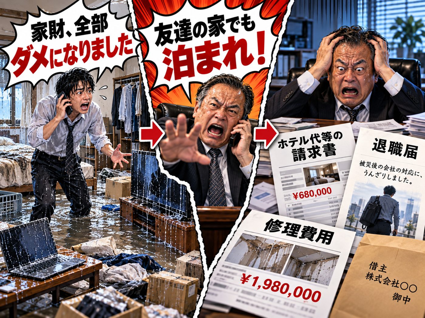 社宅の水害で家財・ホテル代・修理費の問題が会社へ及ぶ場面