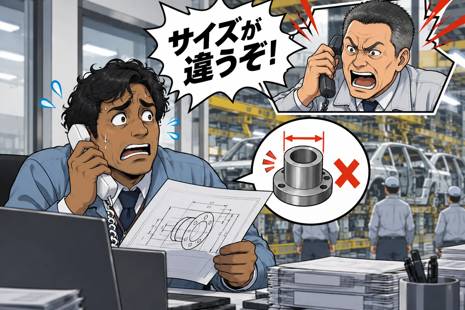 納品部品の寸法違いで生産ラインが止まり、取引先から電話で指摘を受ける担当者
