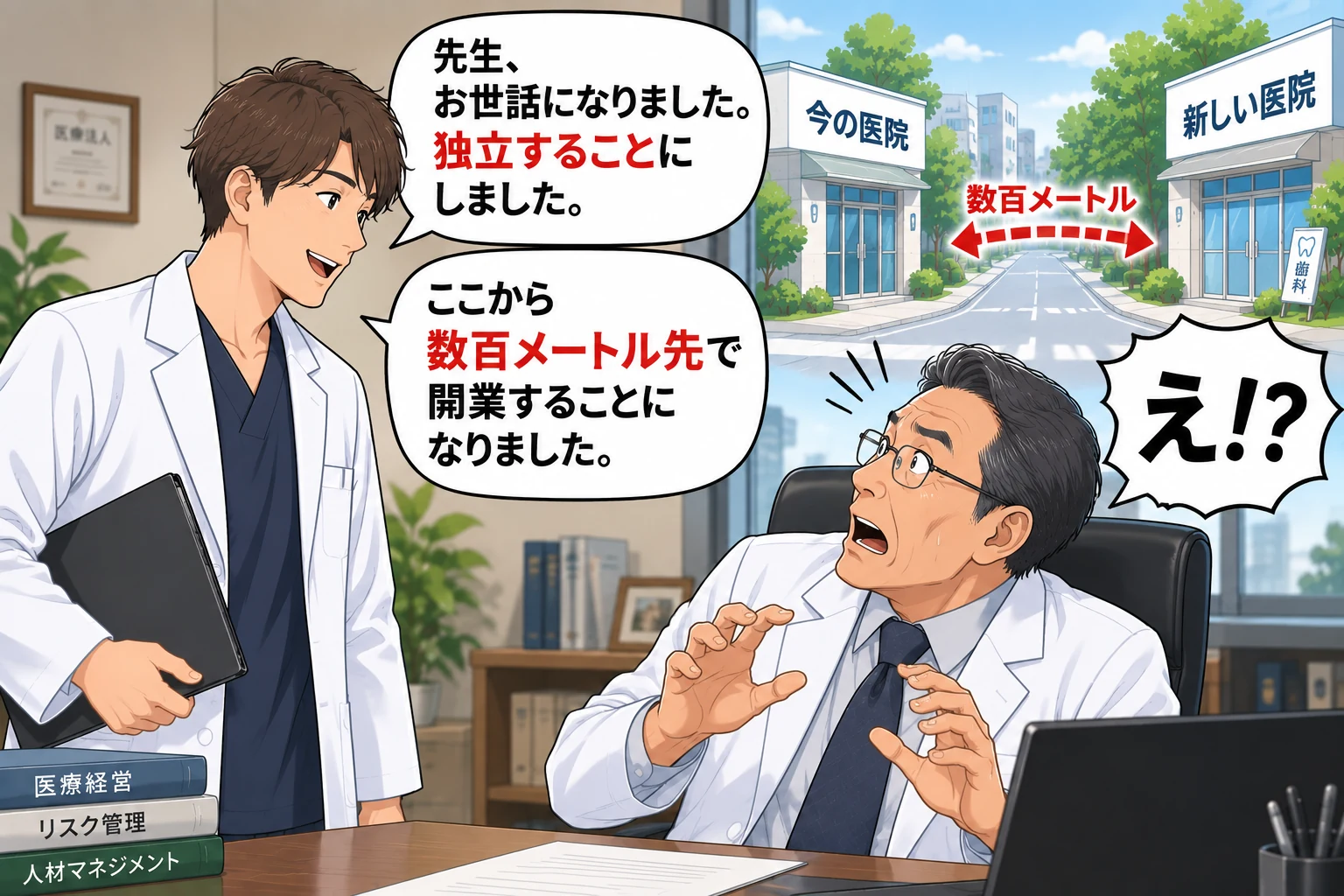 数百メートル先で独立開業すると伝える若い医師と、大きく驚くメガネの院長