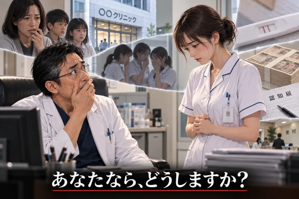 診察室で動揺する院長と向かい合う若い看護師。背景に家族や医院への影響を描き、下部に「あなたなら、どうしますか？」と表示。